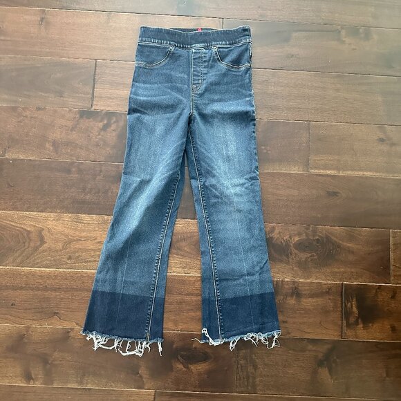 SPANX Wide Leg Cropped Dip Dye Raw Hem Stretch Denim Jeans Size Small - Picture 2 of 7